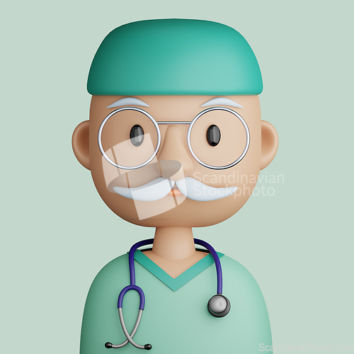 Image of 3D cartoon avatar of mature, smiling doctor man 