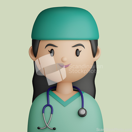 Image of 3D cartoon avatar of pretty, smiling woman doctor