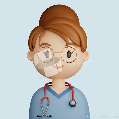 Image of 3D cartoon avatar of pretty, smiling woman doctor