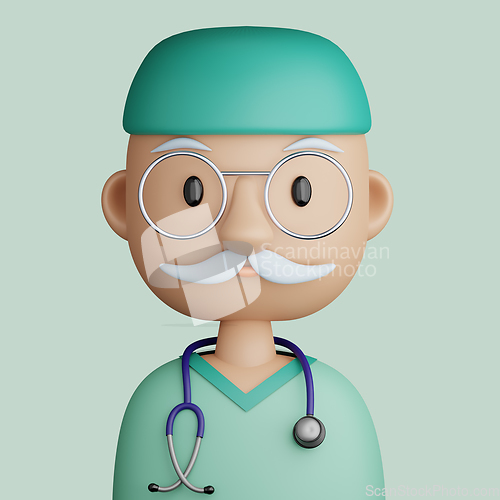 Image of 3D cartoon avatar of mature, smiling doctor man 