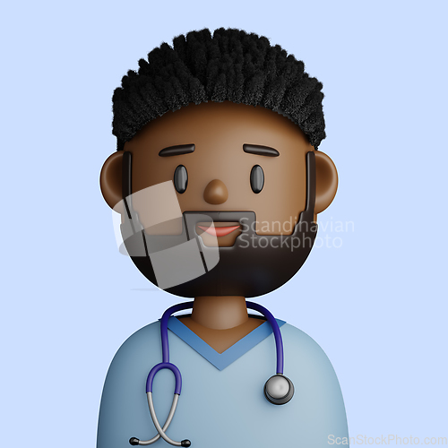 Image of 3D cartoon avatar of smiling bearded black man doctor