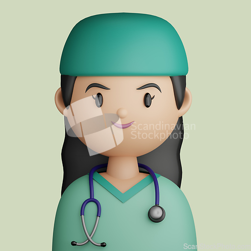 Image of 3D cartoon avatar of pretty, smiling woman doctor