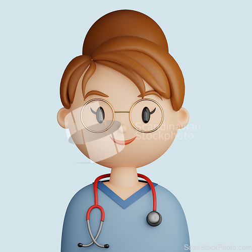 Image of 3D cartoon avatar of pretty, smiling woman doctor