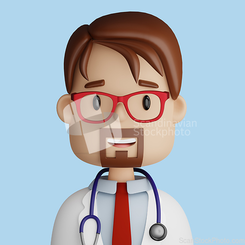 Image of 3D cartoon avatar of pretty, bearded doctor