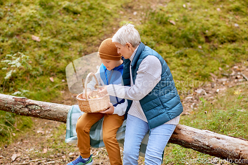 Image of grandmother and grandson with mushrooms in forest