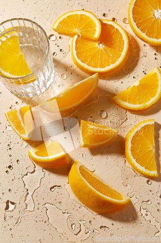Image of glass of water and orange slices on wet table