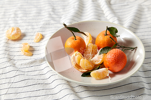 Image of still life with mandarins on plate over drapery