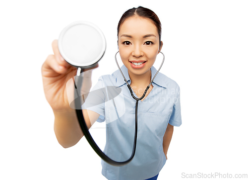 Image of happy smiling asian female doctor with stethoscope