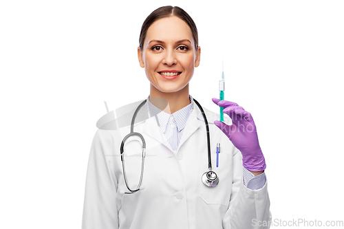 Image of smiling female doctor with medicine in syringe