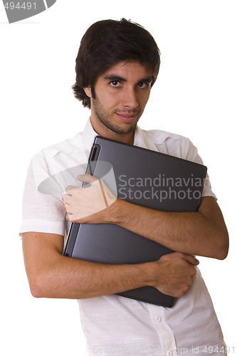 Image of man holding a laptop