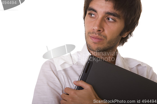 Image of man holding a laptop