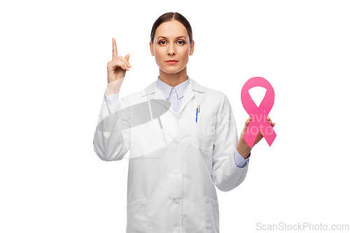 Image of female doctor with breast cancer awareness ribbon