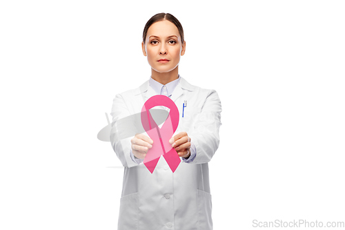 Image of female doctor with breast cancer awareness ribbon