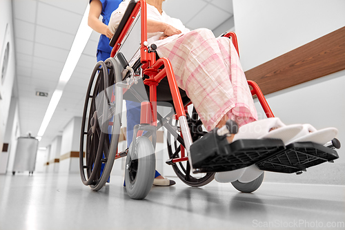 Image of nurse with senior patient in wheelchair at clinic