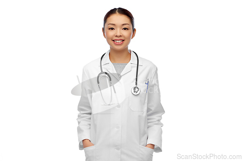 Image of happy smiling asian female doctor in white coat