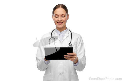 Image of happy female doctor with tablet pc and stethoscope