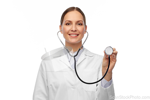 Image of happy smiling female doctor with stethoscope