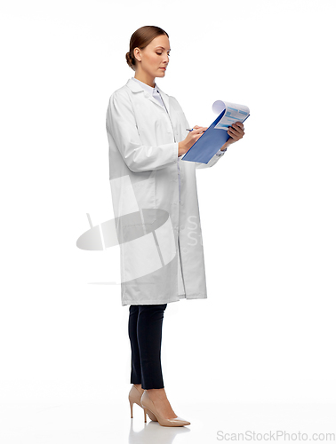 Image of female doctor or scientist with clipboard