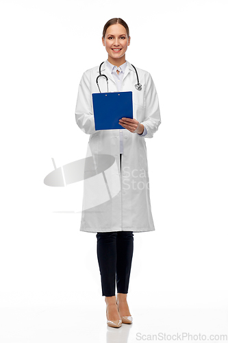 Image of happy female doctor with clipboard and stethoscope