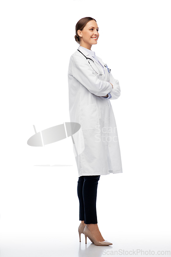 Image of happy smiling female doctor in white coat