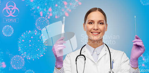 Image of happy female doctor with test tube and cotton swab