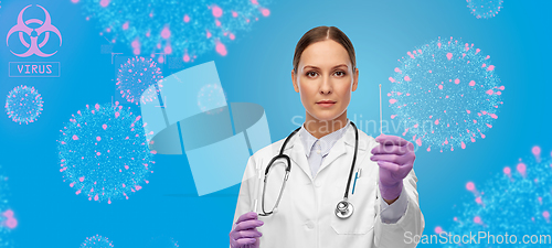 Image of female doctor with test tube and cotton swab