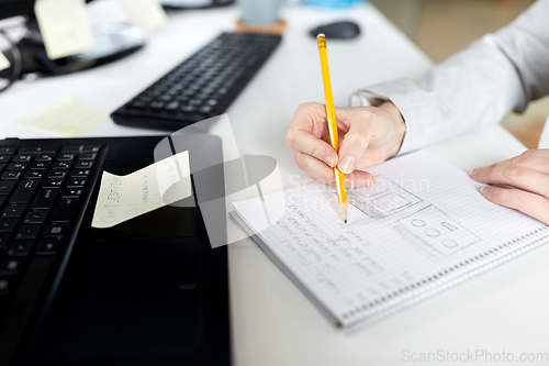 Image of businesswoman with notebook and laptop at office