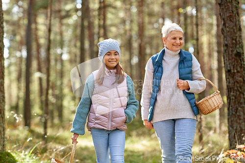 Image of grandmother and granddaughter picking mushrooms