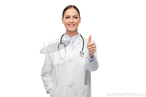 Image of smiling female doctor showing thumbs up