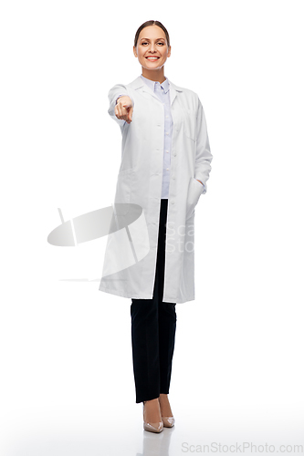Image of happy female doctor or scientist pointing to you