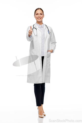 Image of smiling female doctor showing thumbs up