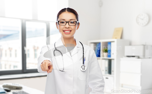 Image of asian female doctor pointing to you at hospital