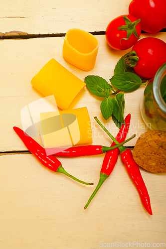 Image of Italian pasta paccheri with tomato mint and chili pepper