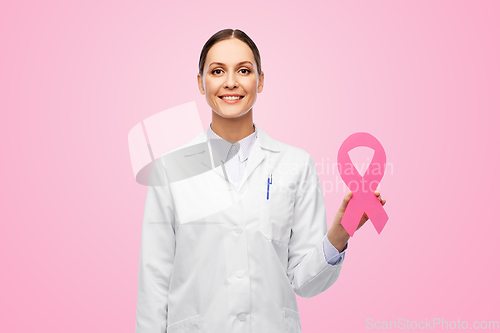 Image of female doctor with breast cancer awareness ribbon