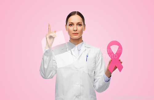 Image of female doctor with breast cancer awareness ribbon