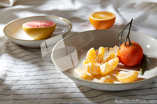 Image of still life with mandarins and grapefruit on plate