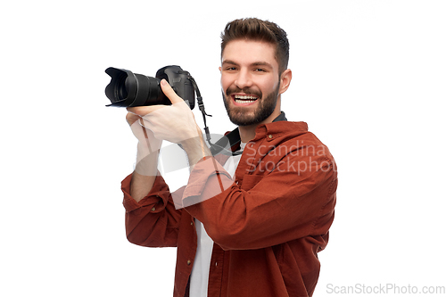 Image of smiling man or photographer with digital camera