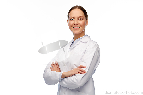 Image of happy smiling female doctor in white coat