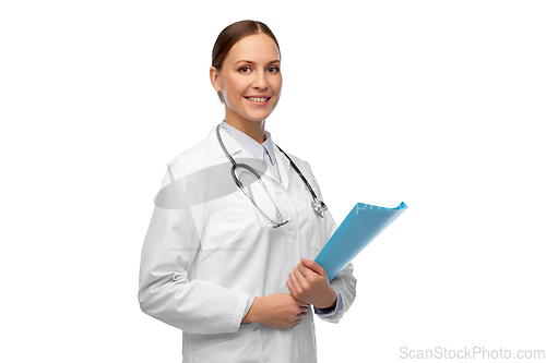 Image of happy smiling female doctor with folder