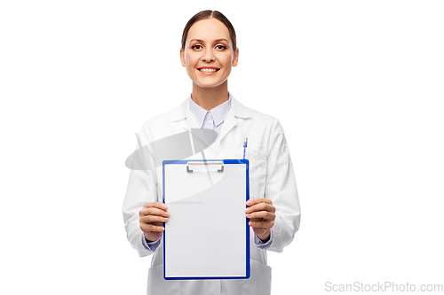 Image of happy smiling female doctor with clipboard