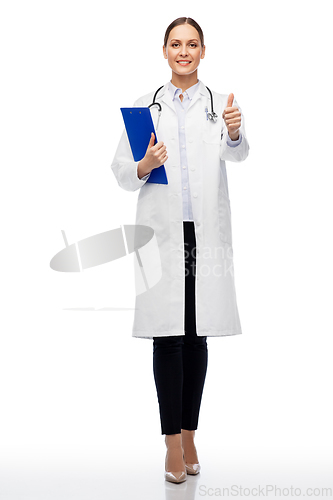 Image of female doctor with clipboard showing thumbs up