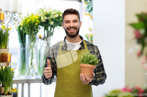 Image of happy male gardener or farmer with flower in pot