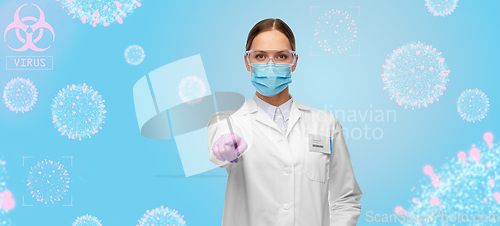 Image of female scientist in medical mask and goggles