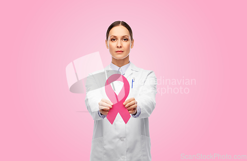 Image of female doctor with breast cancer awareness ribbon