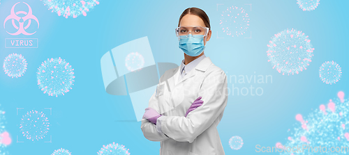 Image of female scientist in medical mask and goggles