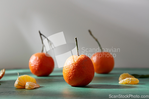 Image of still life with mandarins on green background