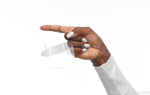 Image of hand of african american woman pointing finger