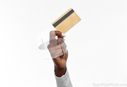 Image of hand of african american woman with credit card