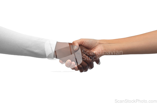 Image of handshake of black and white hands