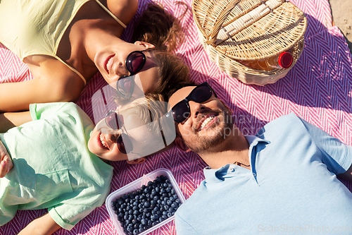 Image of happy family having picnic on summer beach